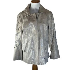 Bradley Bayou Women's Shimmering Beige Silver Studded Leather Jacket Size Medium